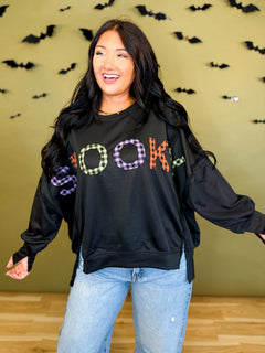 Spooky Plaid Letter Oversized Sweatshirt - Black - Lace and Grace Boutique