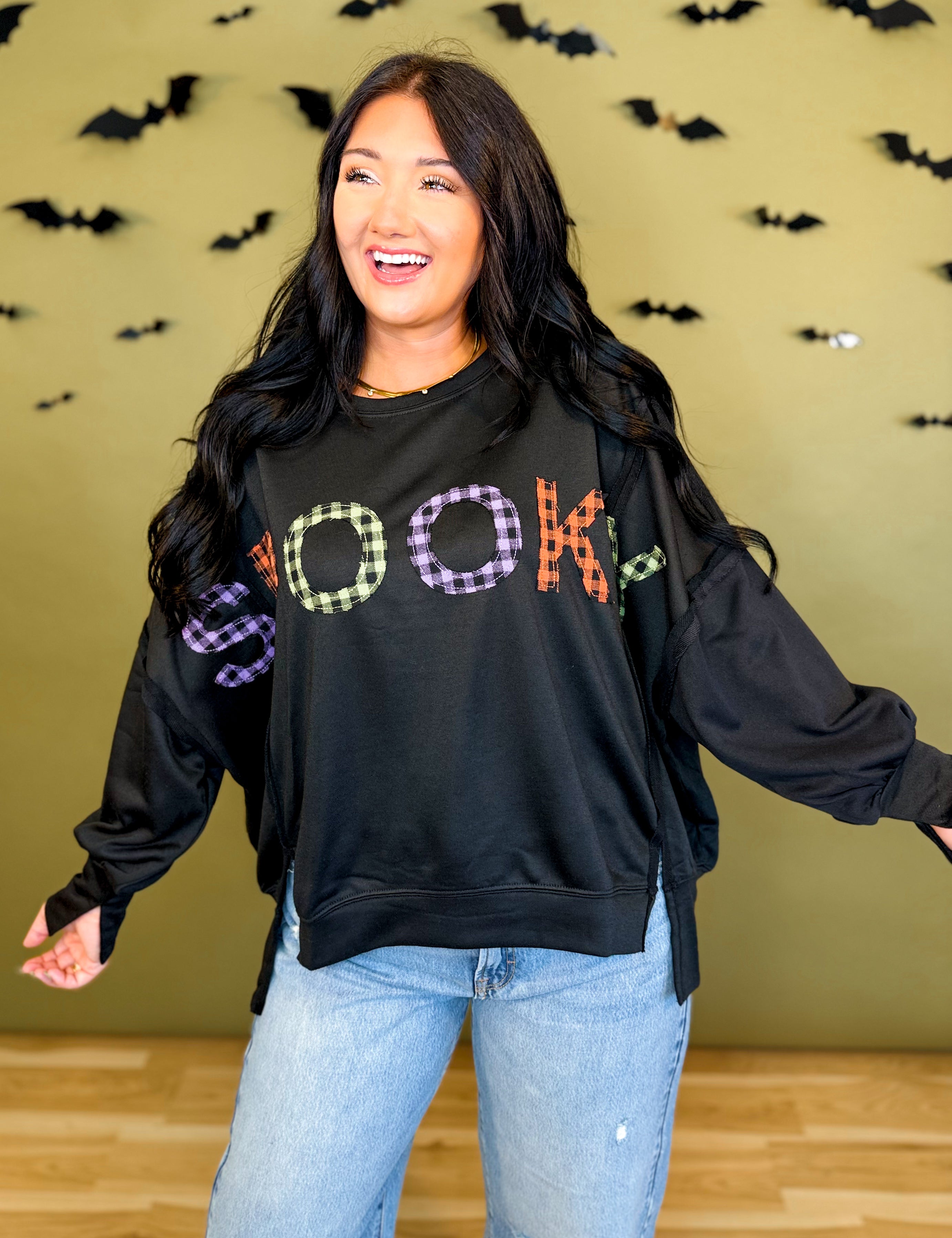 Spooky Plaid Letter Oversized Sweatshirt - Black - Lace and Grace Boutique