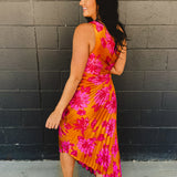 One Shoulder Asymmetrical Pleated Maxi Dress - Hibiscus Mango - Lace and Grace Boutique