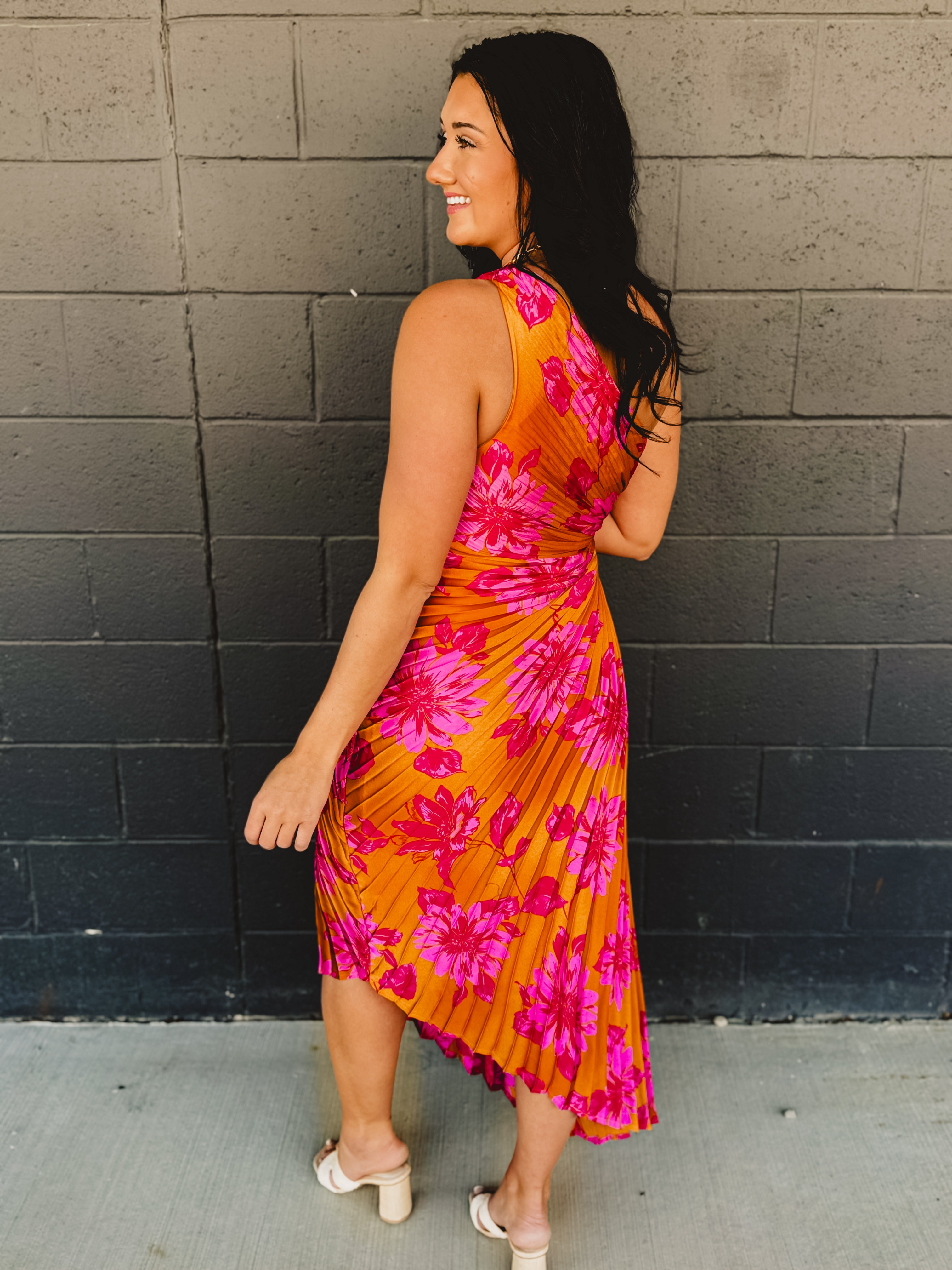 One Shoulder Asymmetrical Pleated Maxi Dress - Hibiscus Mango - Lace and Grace Boutique