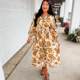 Fall Floral Printed Long Sleeve Midi Dress - Sand Multi