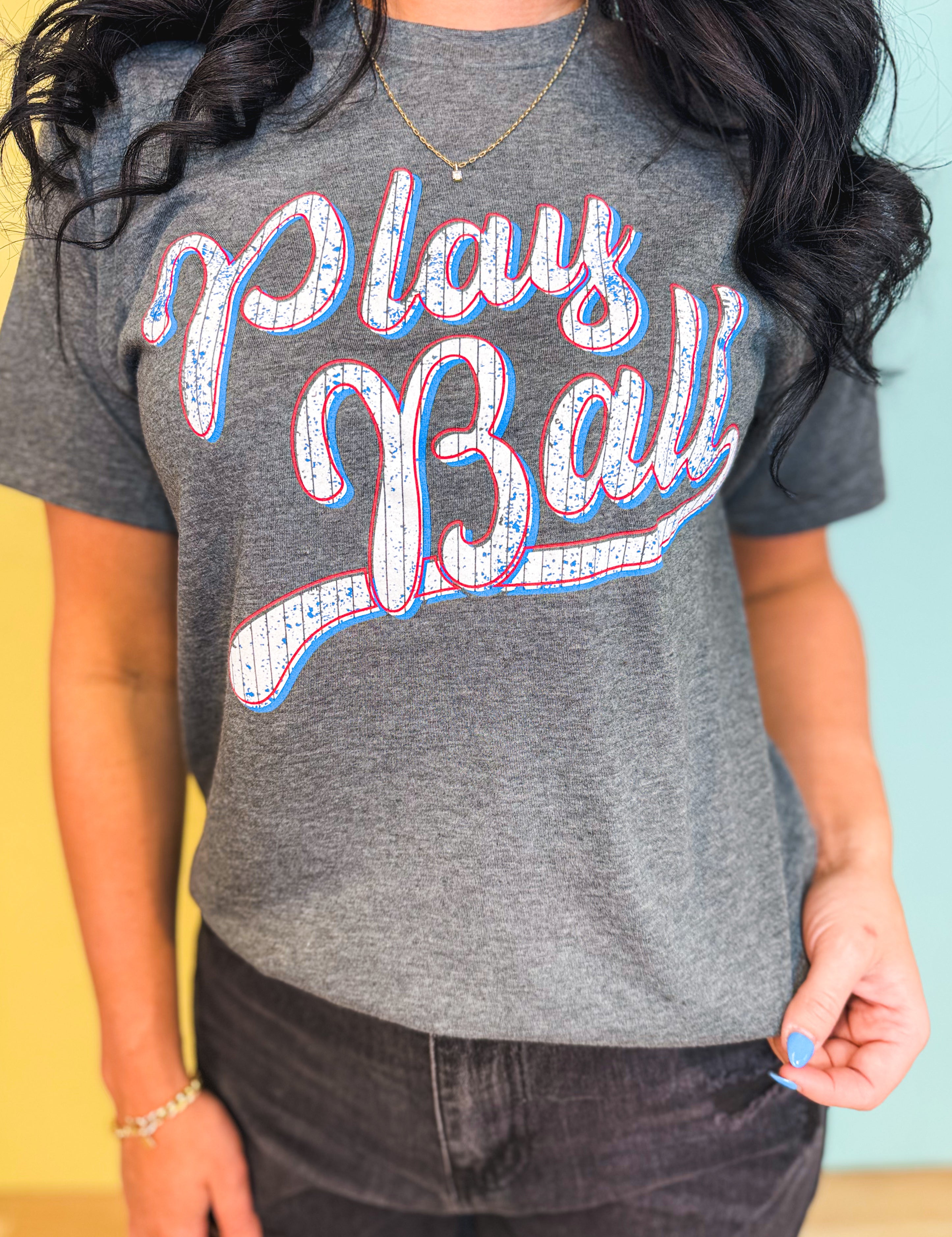Play Ball Baseball Graphic Tee - Heather Charcoal - Lace and Grace Boutique