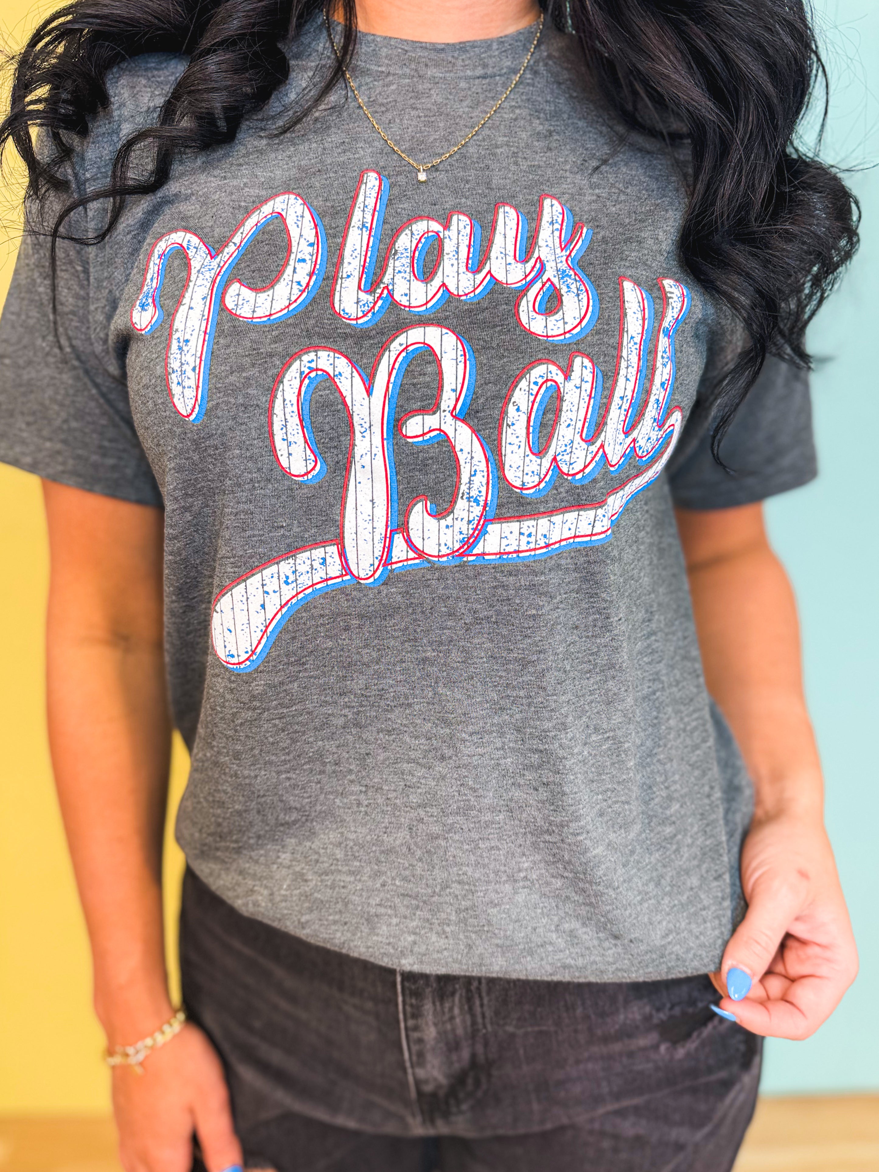 Play Ball Baseball Graphic Tee - Heather Charcoal - Lace and Grace Boutique