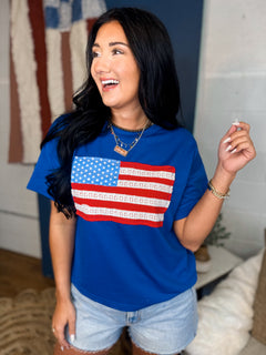 American Flag Patch T-Shirt - Blue - Lace and Grace Boutique