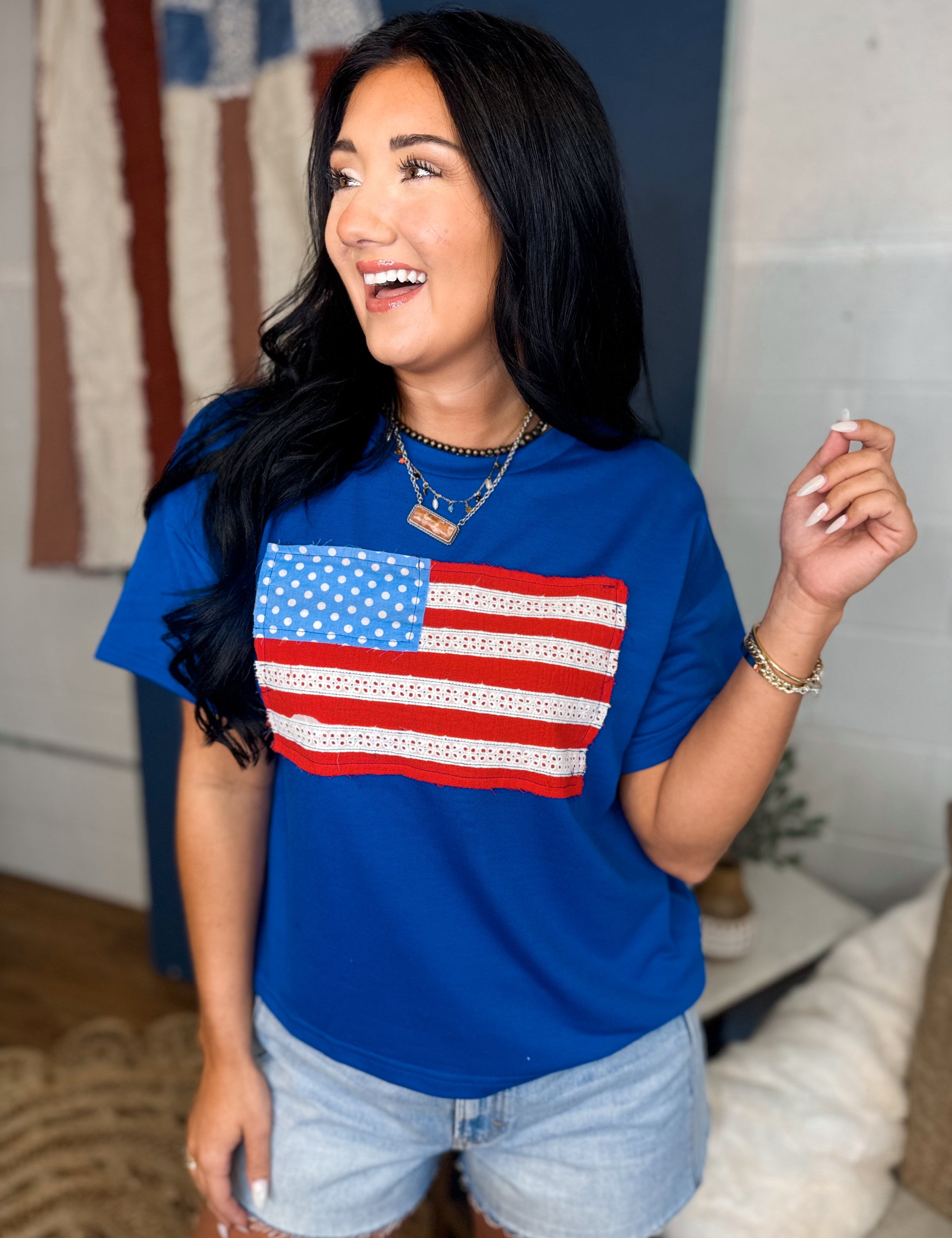 American Flag Patch T-Shirt - Blue - Lace and Grace Boutique