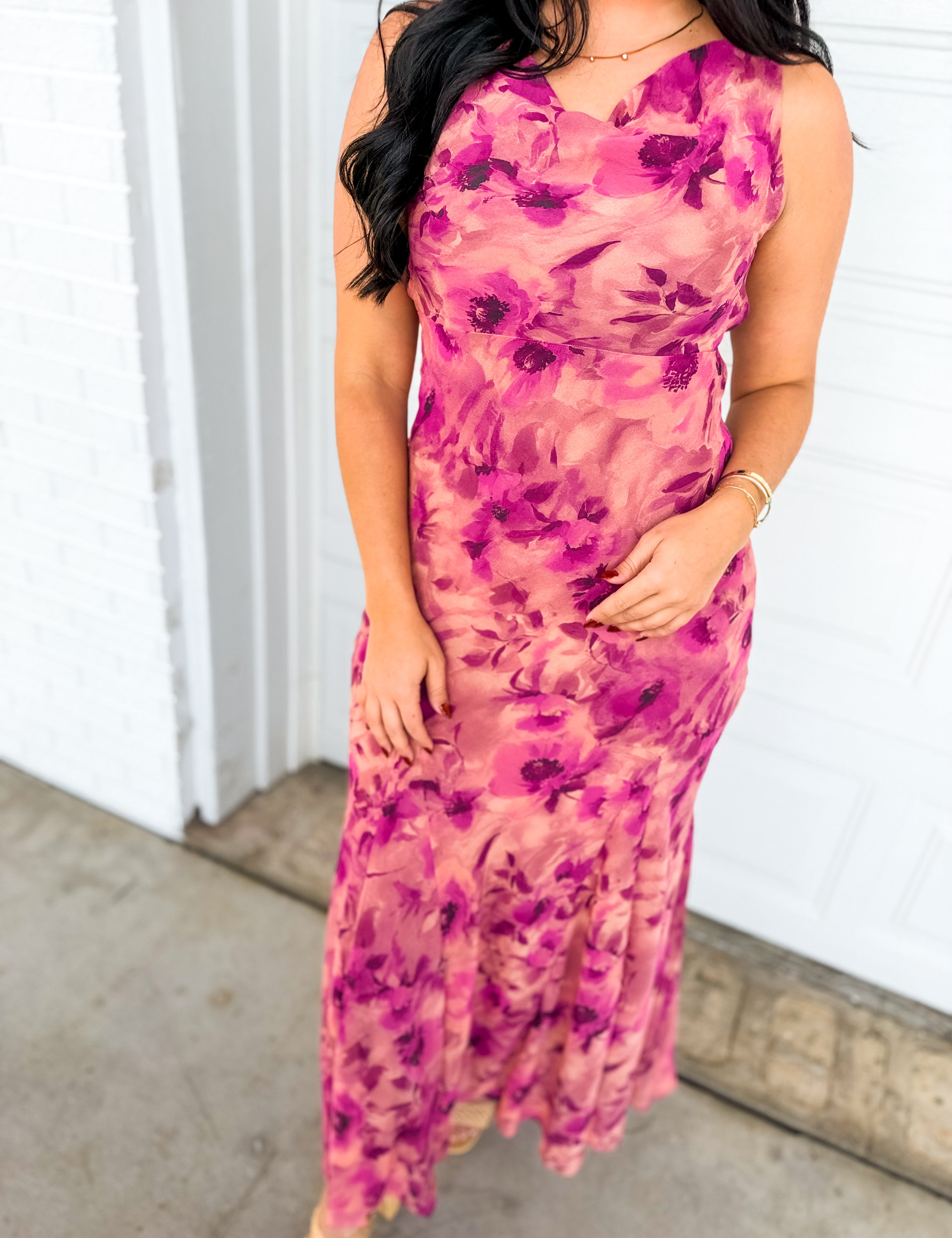 Soft Florals Printed Cowl Neck Maxi Dress - Sangria Bloom - Lace and Grace Boutique