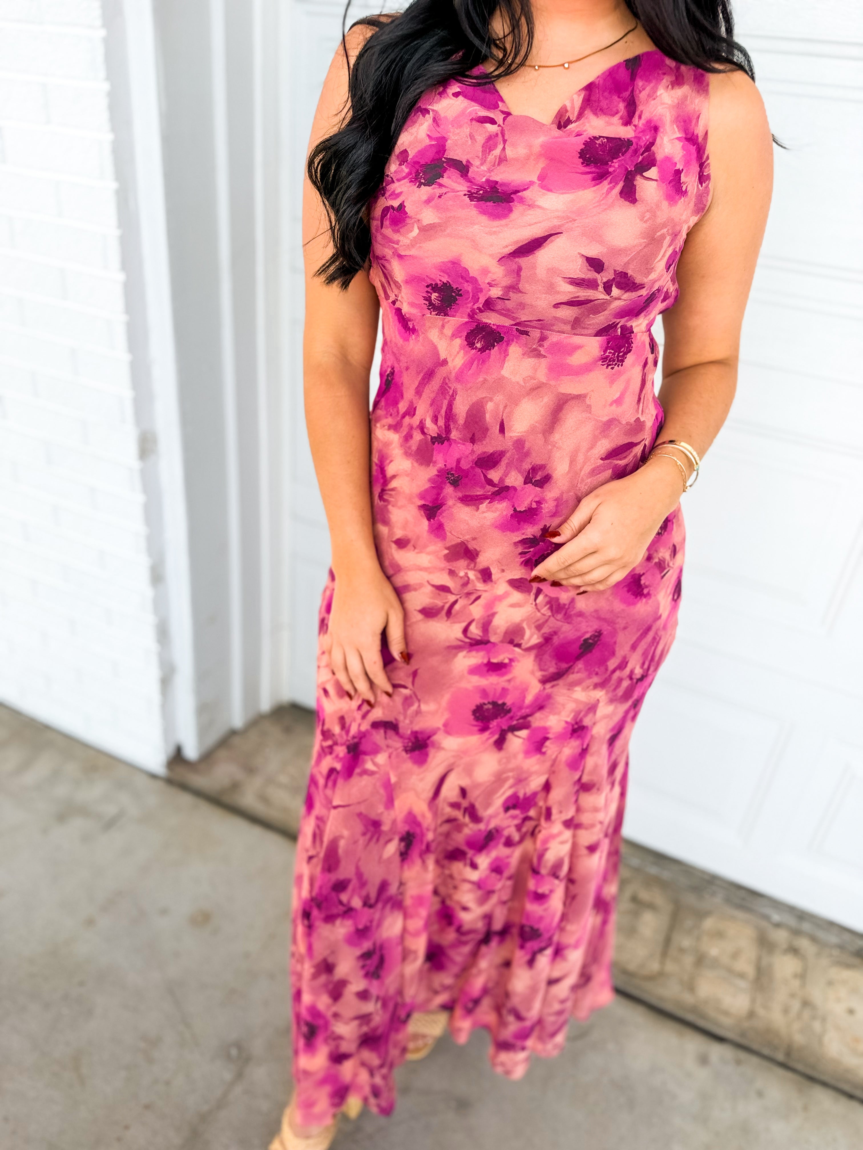 Soft Florals Printed Cowl Neck Maxi Dress - Sangria Bloom - Lace and Grace Boutique