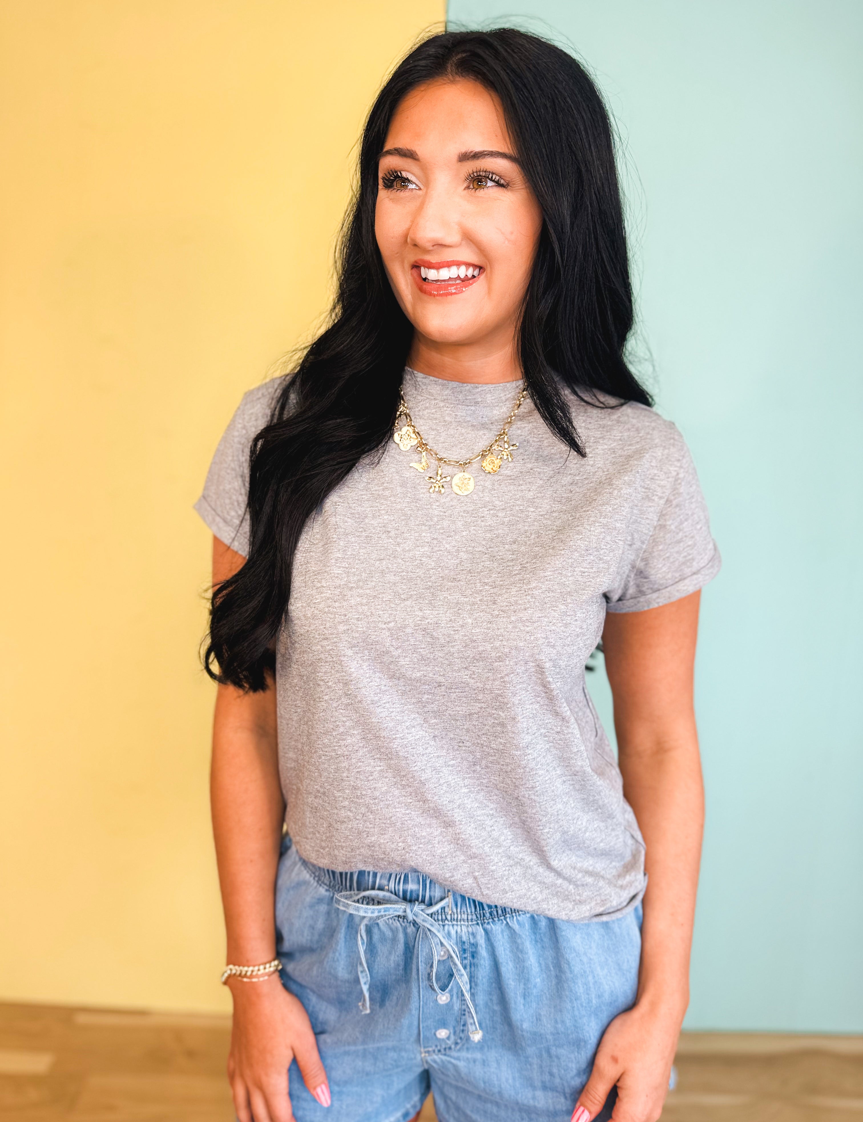 Raw Edge Short Sleeve Knit Top - Heather Grey - Lace and Grace Boutique