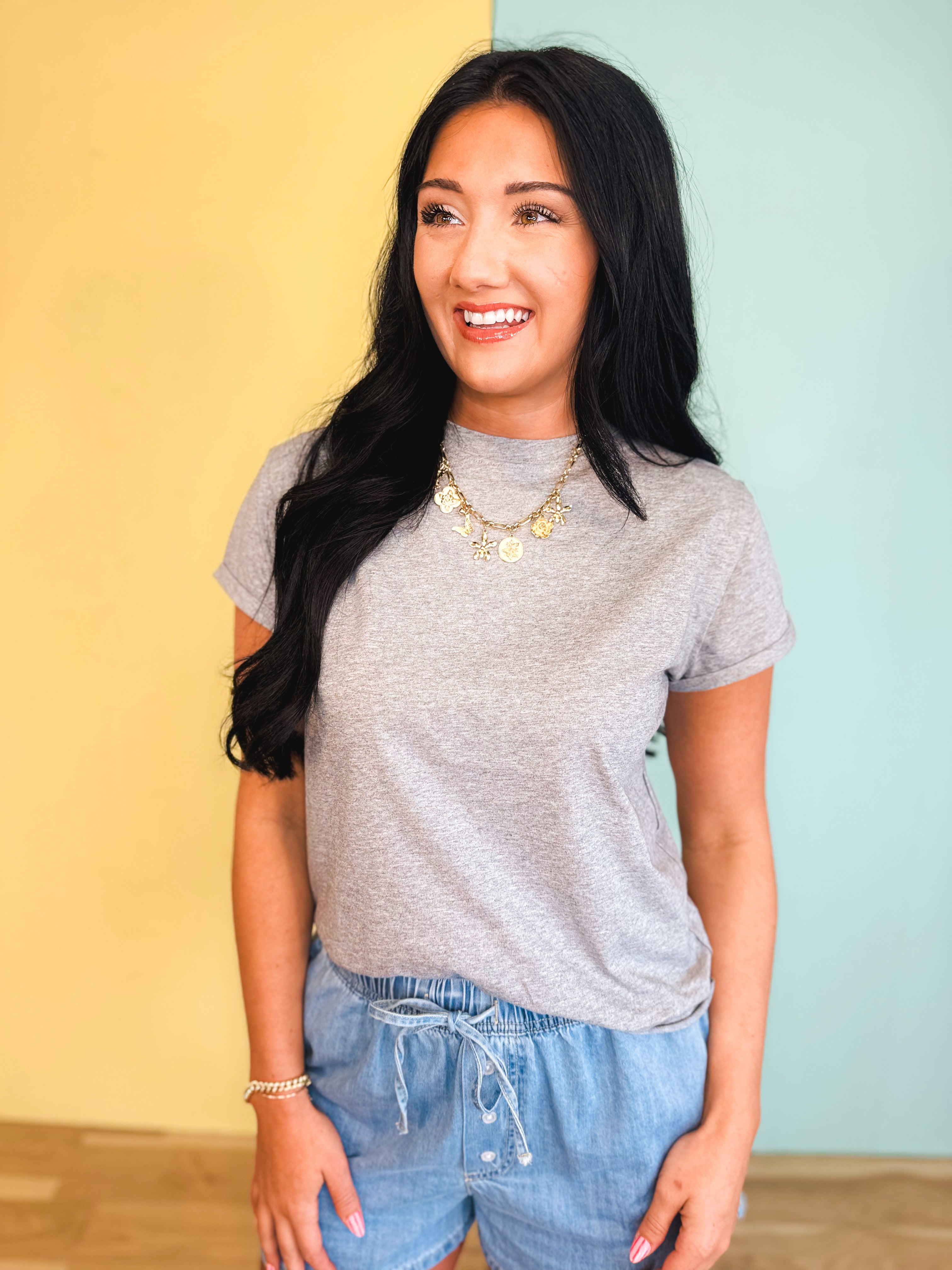 Raw Edge Short Sleeve Knit Top - Heather Grey - Lace and Grace Boutique