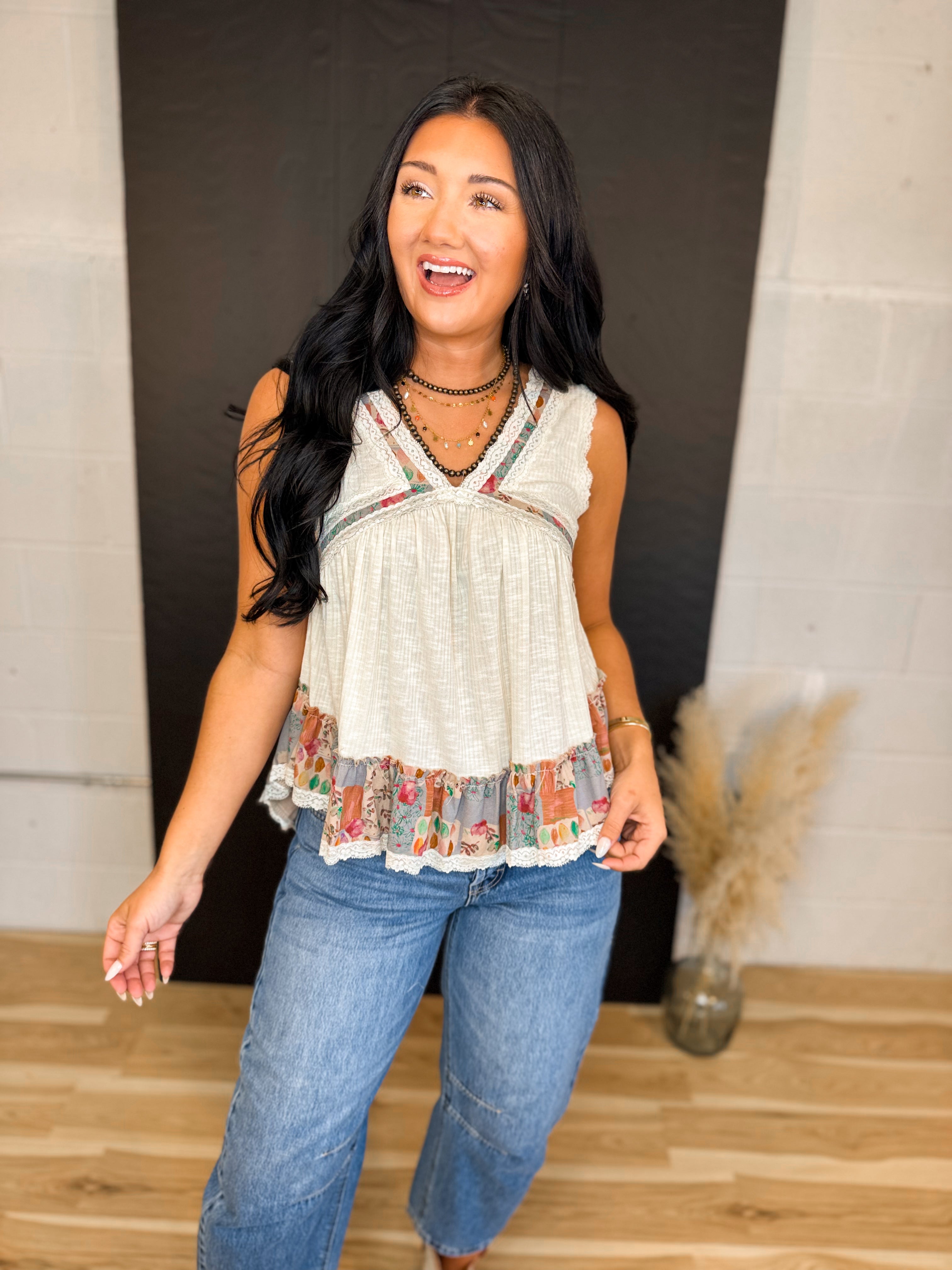 POL Floral Embroidered Round Neck Tank - Ivory - Lace and Grace Boutique