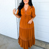 Lace Trim Front Tie Tiered Maxi Dress - Camel - Lace and Grace Boutique