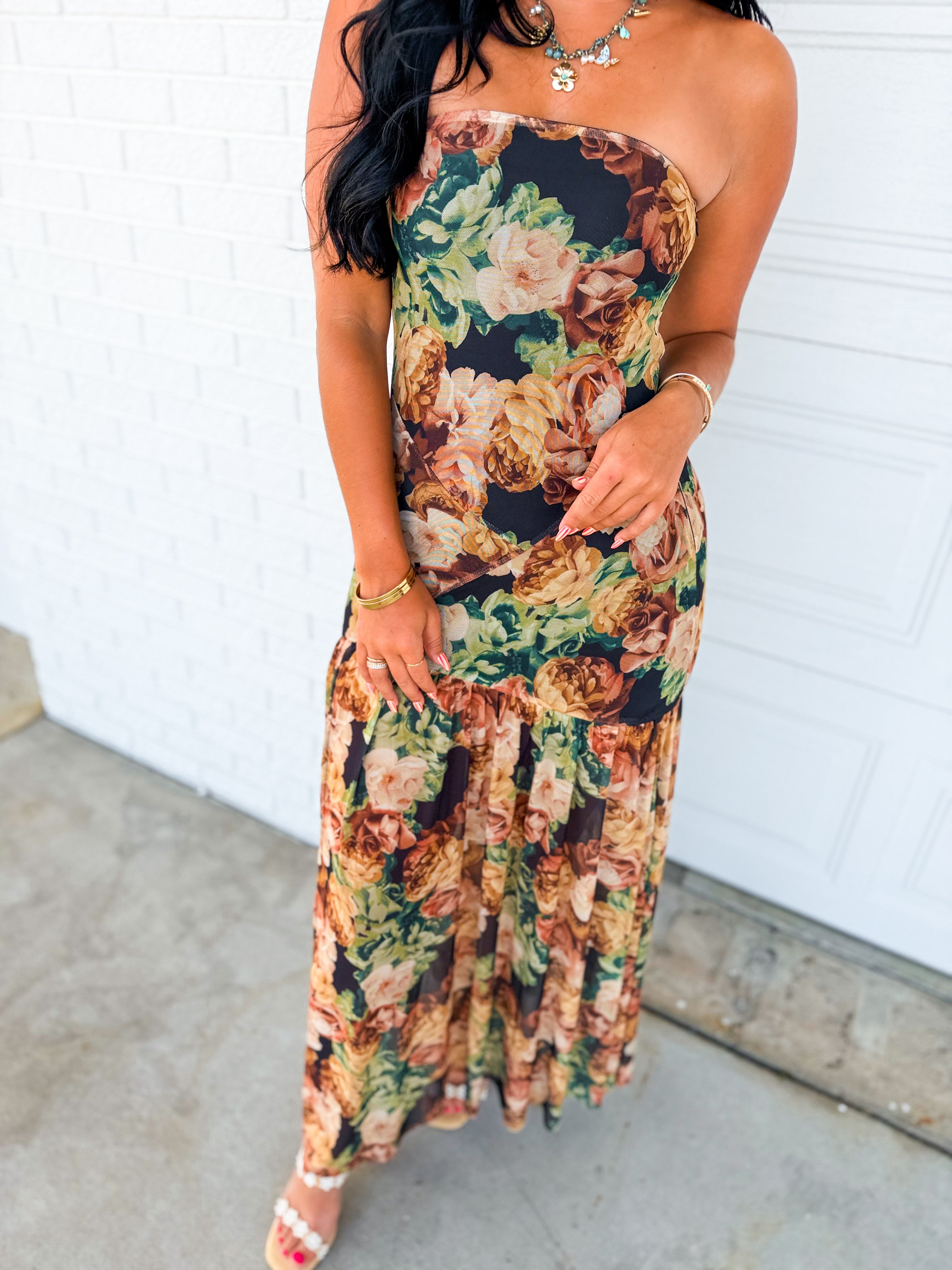 Floral Mesh Strapless Asymmetrical Maxi Dress - Black - Lace and Grace Boutique
