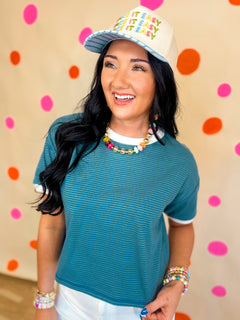 Contrast Trim Striped Relaxed Crop Tee - T. Grey/Blue - Lace and Grace Boutique