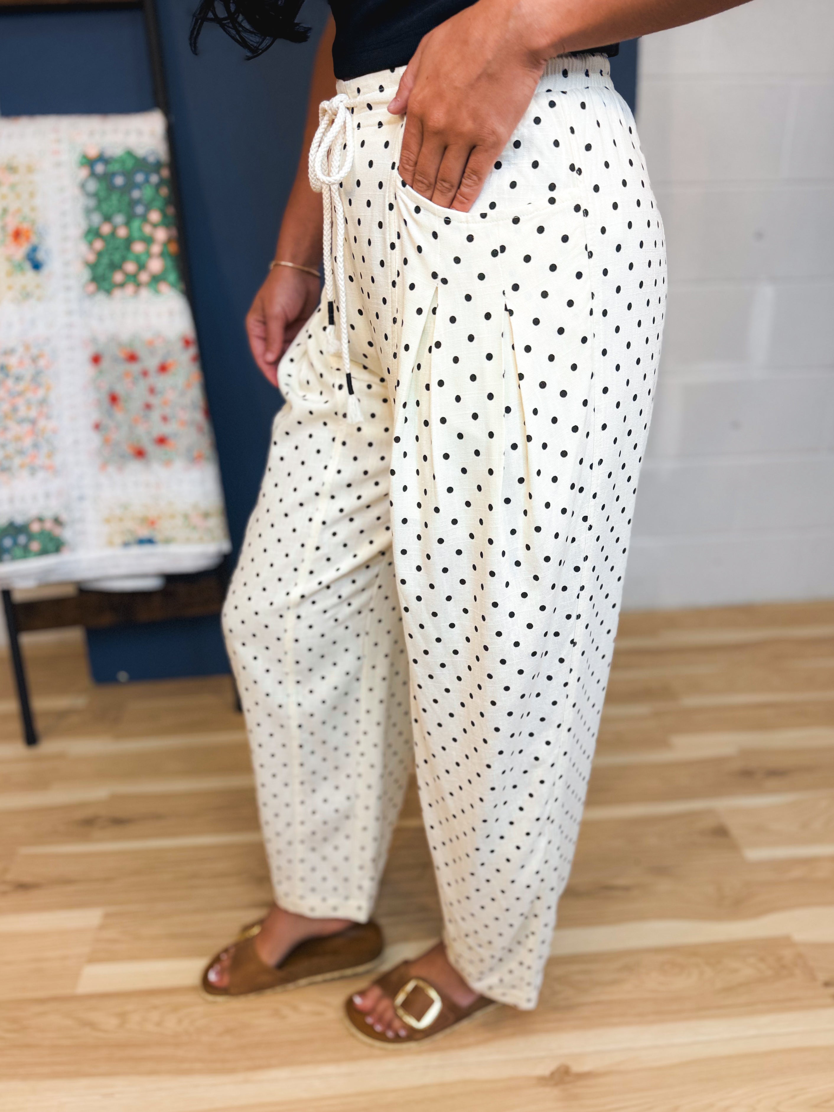 Linen Blend Polka Dot Barrel Leg Pants - Cream - Lace and Grace Boutique