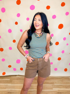 Striped Knit Tank Top - Teal/Peach - Lace and Grace Boutique