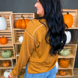 Washed Ribbed Henley Jersey Knit Top - Burnt Caramel - Lace and Grace Boutique
