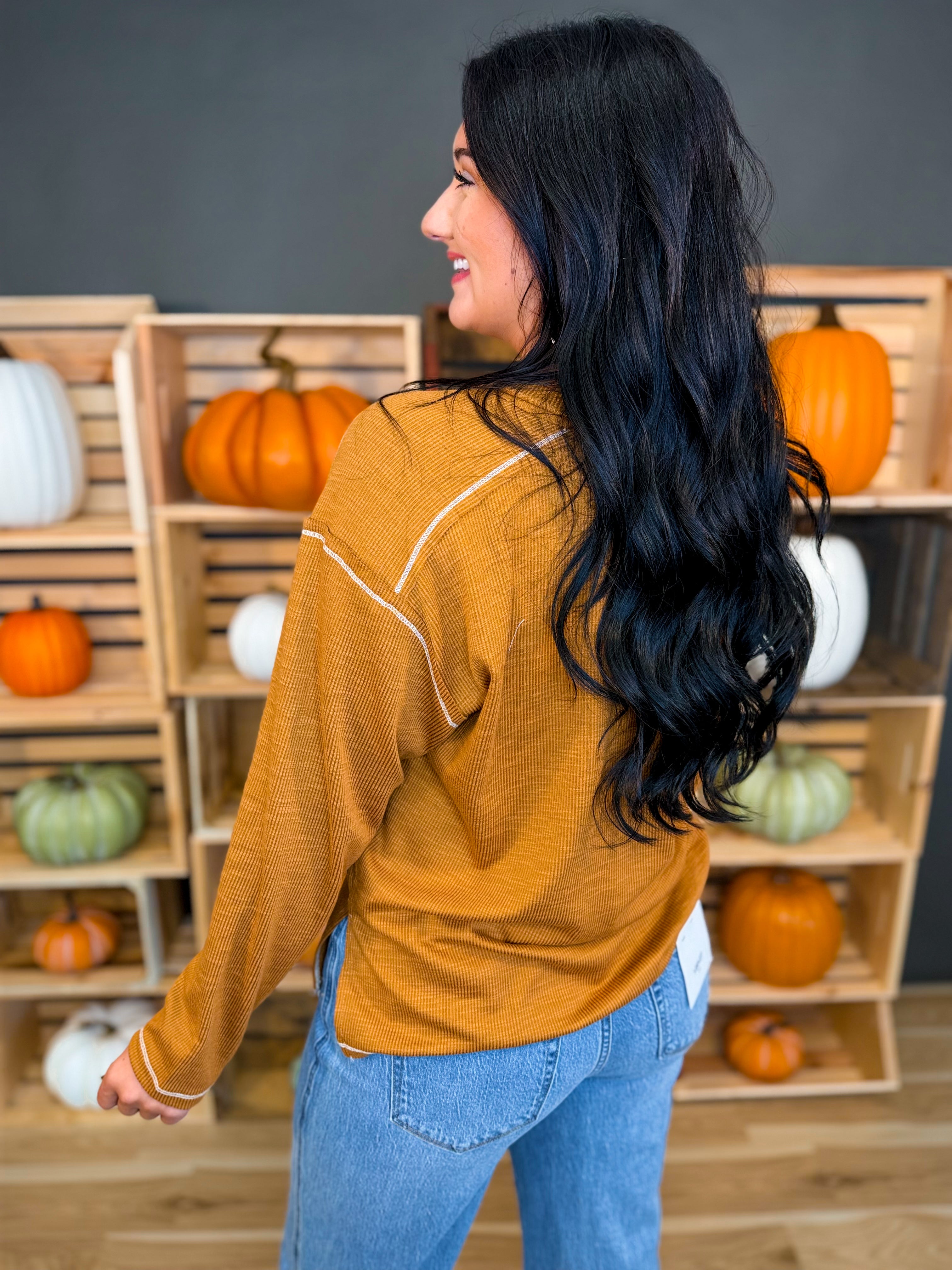 Washed Ribbed Henley Jersey Knit Top - Burnt Caramel - Lace and Grace Boutique