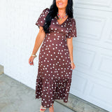Polka Dot Flutter Sleeve Maxi Dress - Mocha