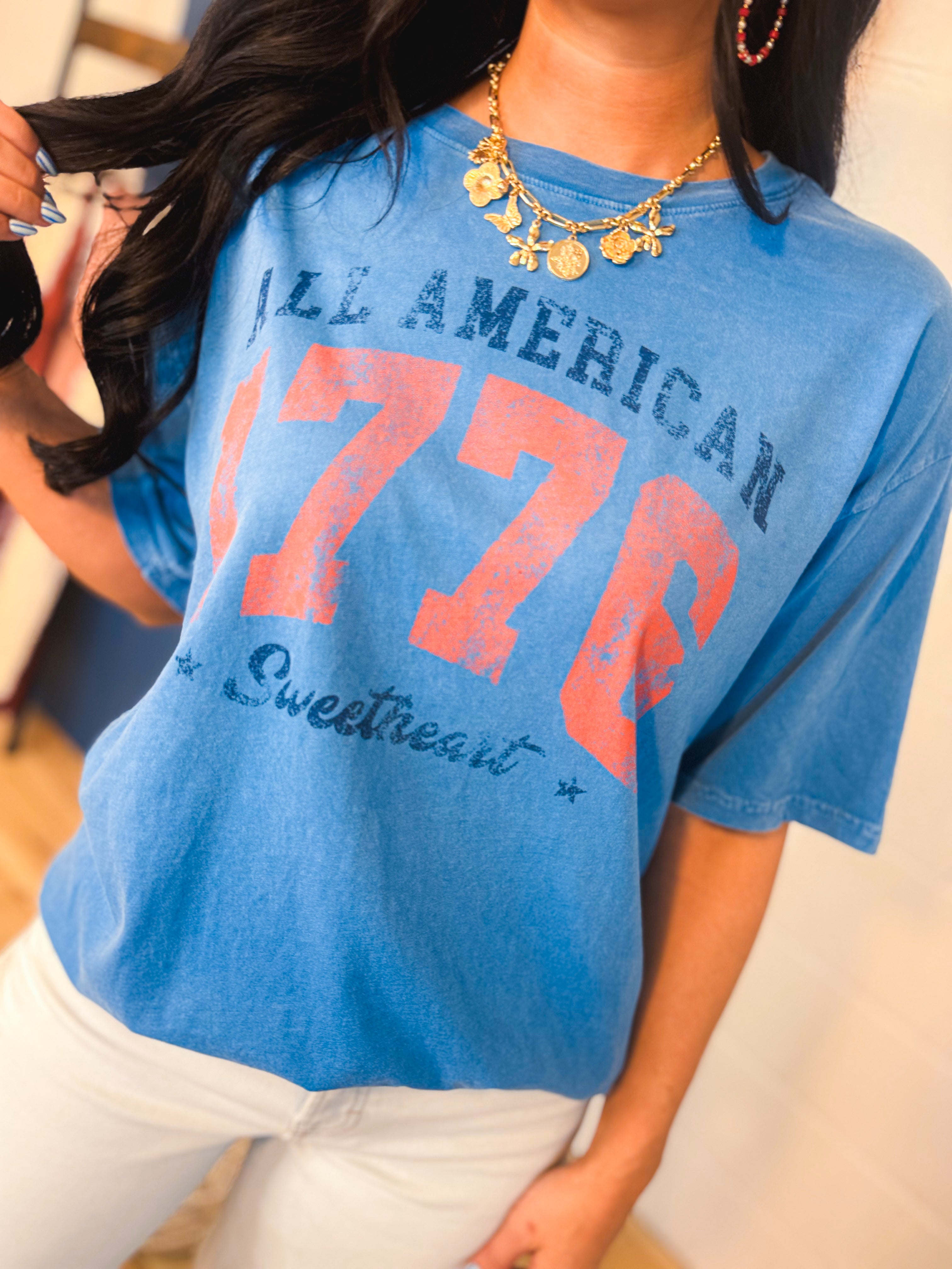 All American 1776 Mineral Graphic Tee - Dusty Blue - Lace and Grace Boutique