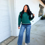 Striped Contrast Trim Knit Sweater - Navy/Green - Lace and Grace Boutique