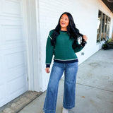 Striped Contrast Trim Knit Sweater - Navy/Green - Lace and Grace Boutique