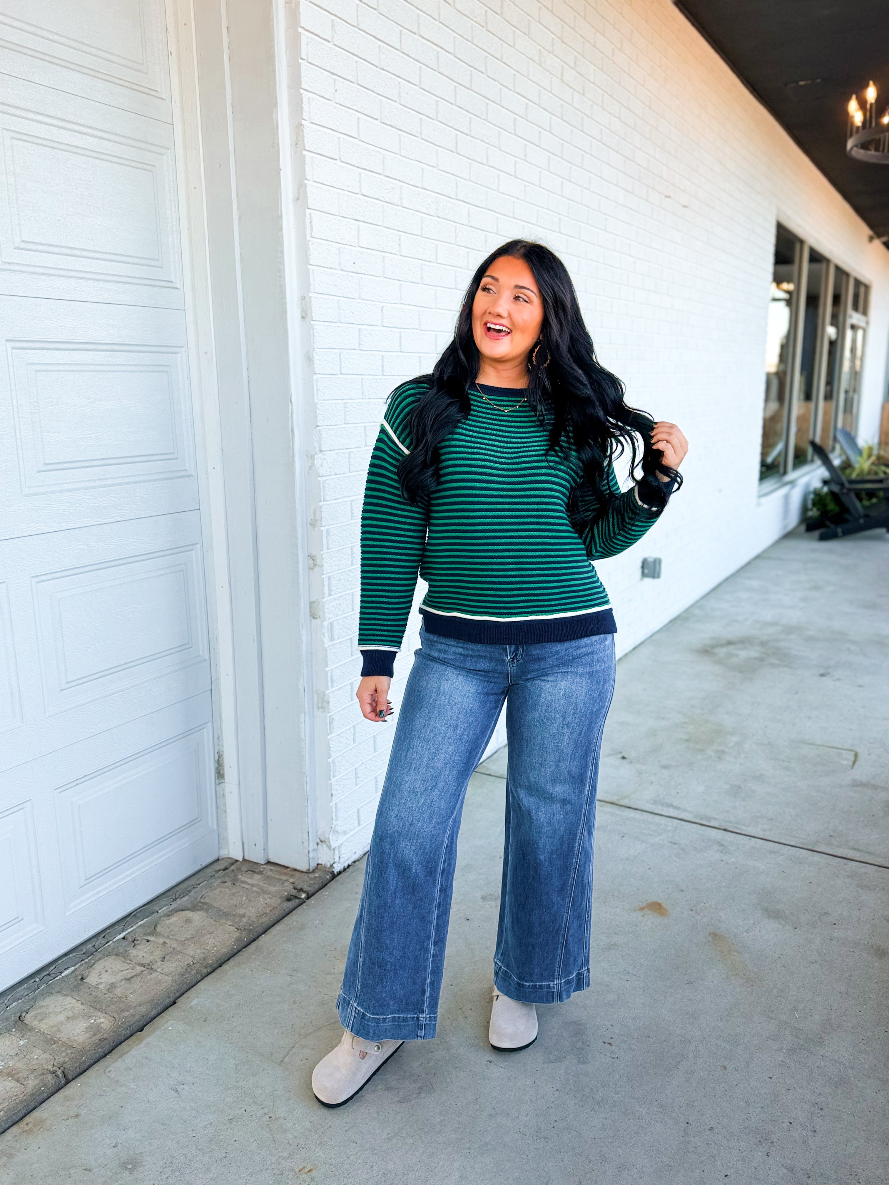 Striped Contrast Trim Knit Sweater - Navy/Green - Lace and Grace Boutique