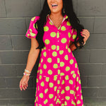 Polka Dot Cotton Poplin Button Up Maxi Dress - Hot Pink/Green - Lace and Grace Boutique