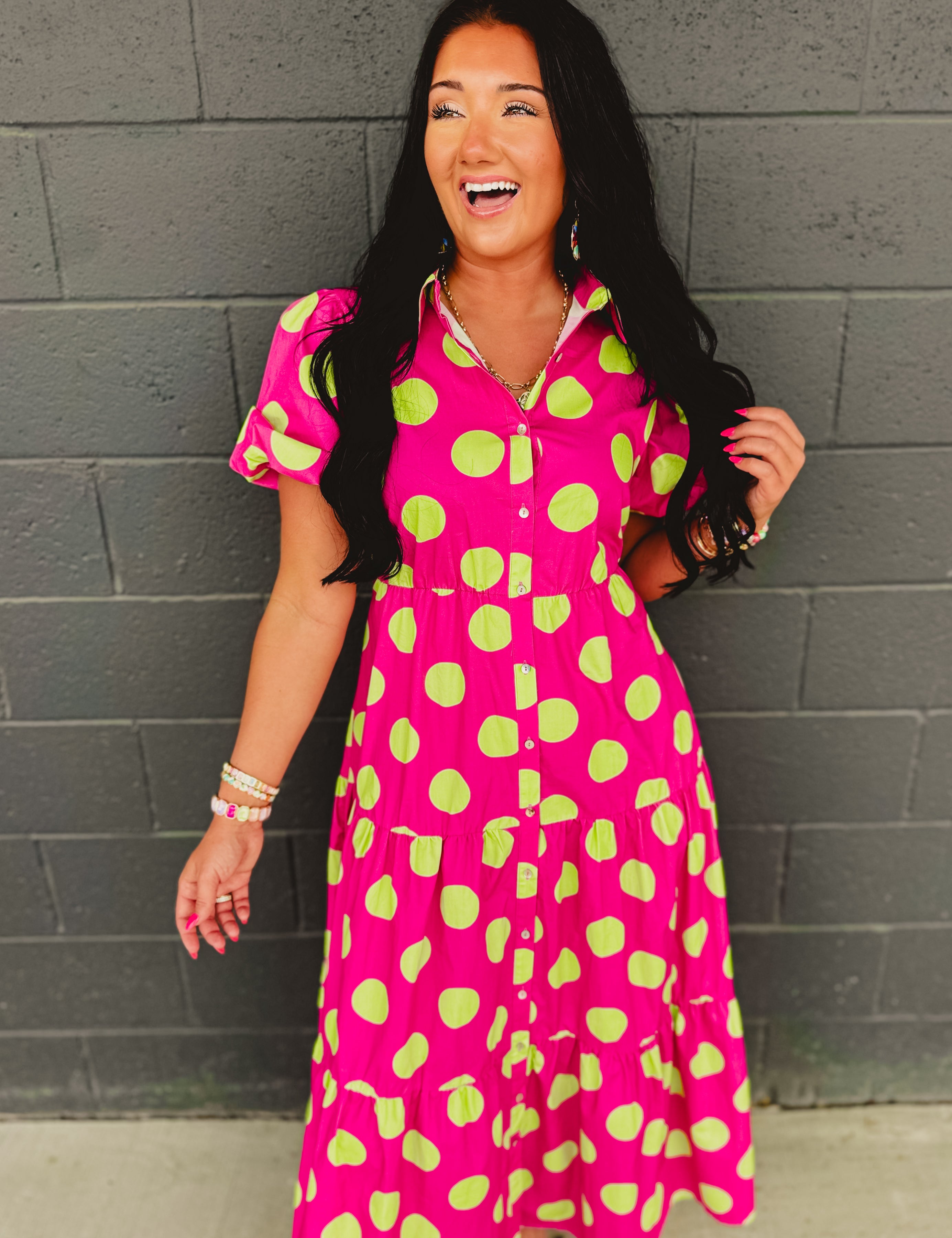 Polka Dot Cotton Poplin Button Up Maxi Dress - Hot Pink/Green - Lace and Grace Boutique