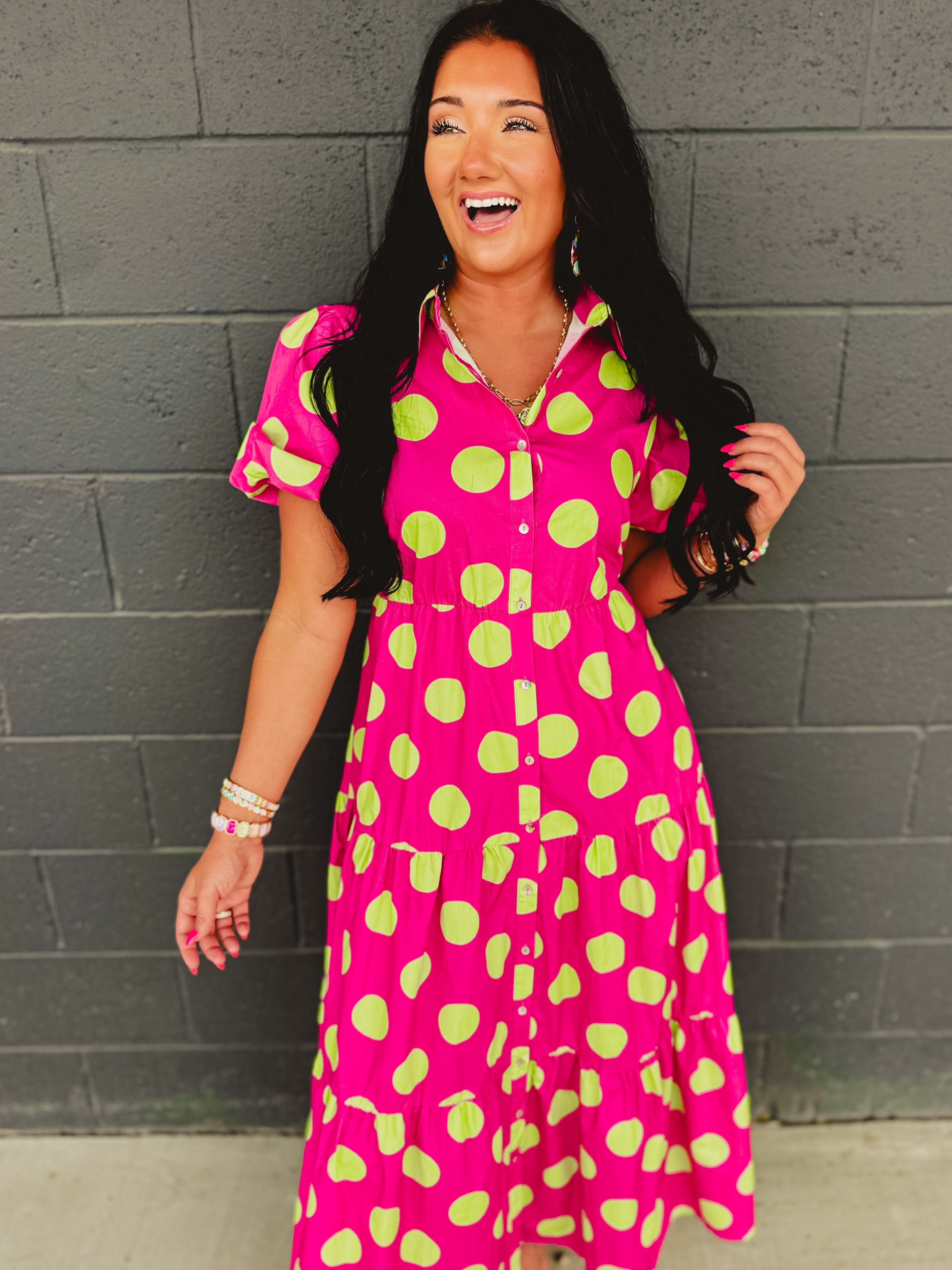 Polka Dot Cotton Poplin Button Up Maxi Dress - Hot Pink/Green - Lace and Grace Boutique