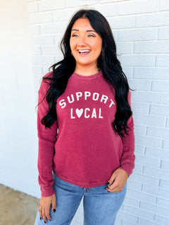 Support Local Mineral Wash Fleece Sweatshirt - Vintage Maroon - Lace and Grace Boutique