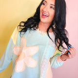 Daisy Patch Color Block Long Sleeve Top - Sky/Orange - Lace and Grace Boutique