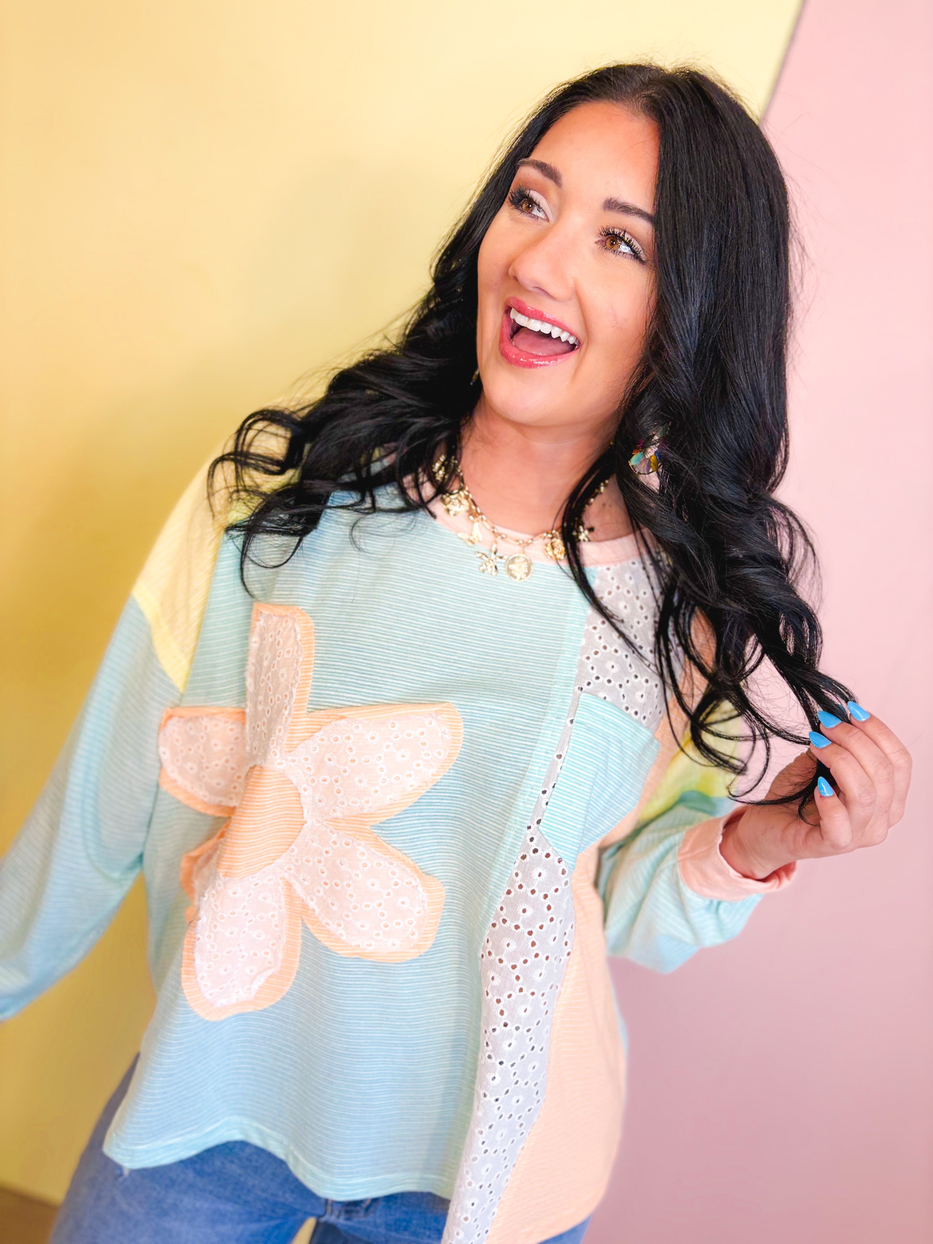 Daisy Patch Color Block Long Sleeve Top - Sky/Orange - Lace and Grace Boutique