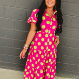 Polka Dot Cotton Poplin Button Up Maxi Dress - Hot Pink/Green - Lace and Grace Boutique