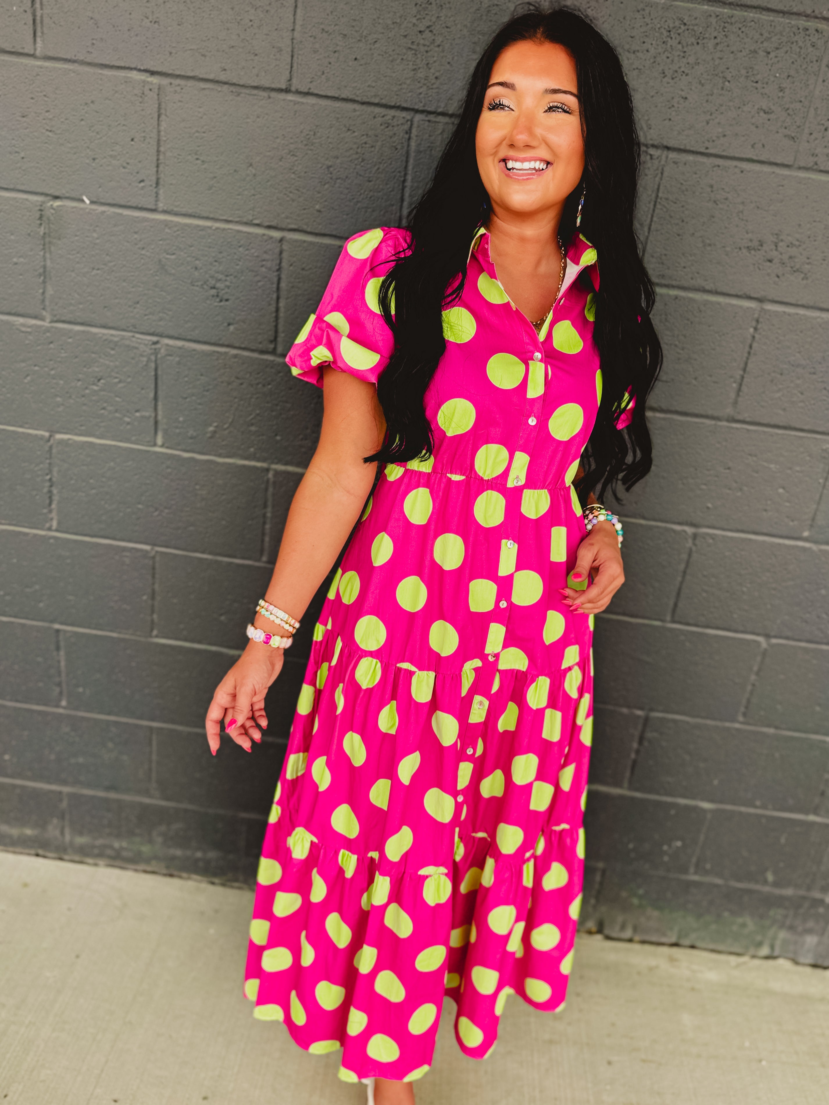 Polka Dot Cotton Poplin Button Up Maxi Dress - Hot Pink/Green - Lace and Grace Boutique