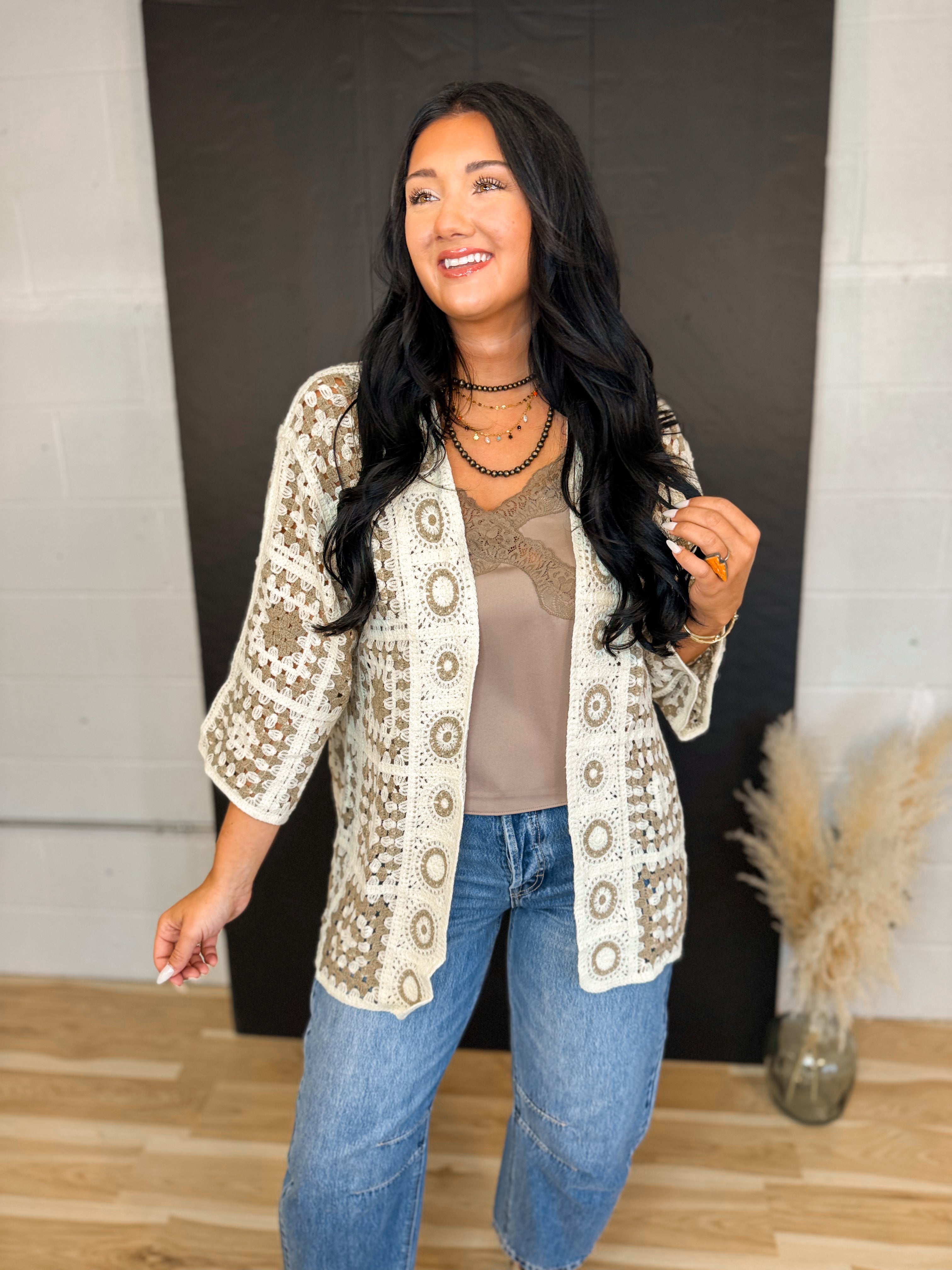 POL Granny Square Crochet Cardigan - Mocha Multi - Lace and Grace Boutique