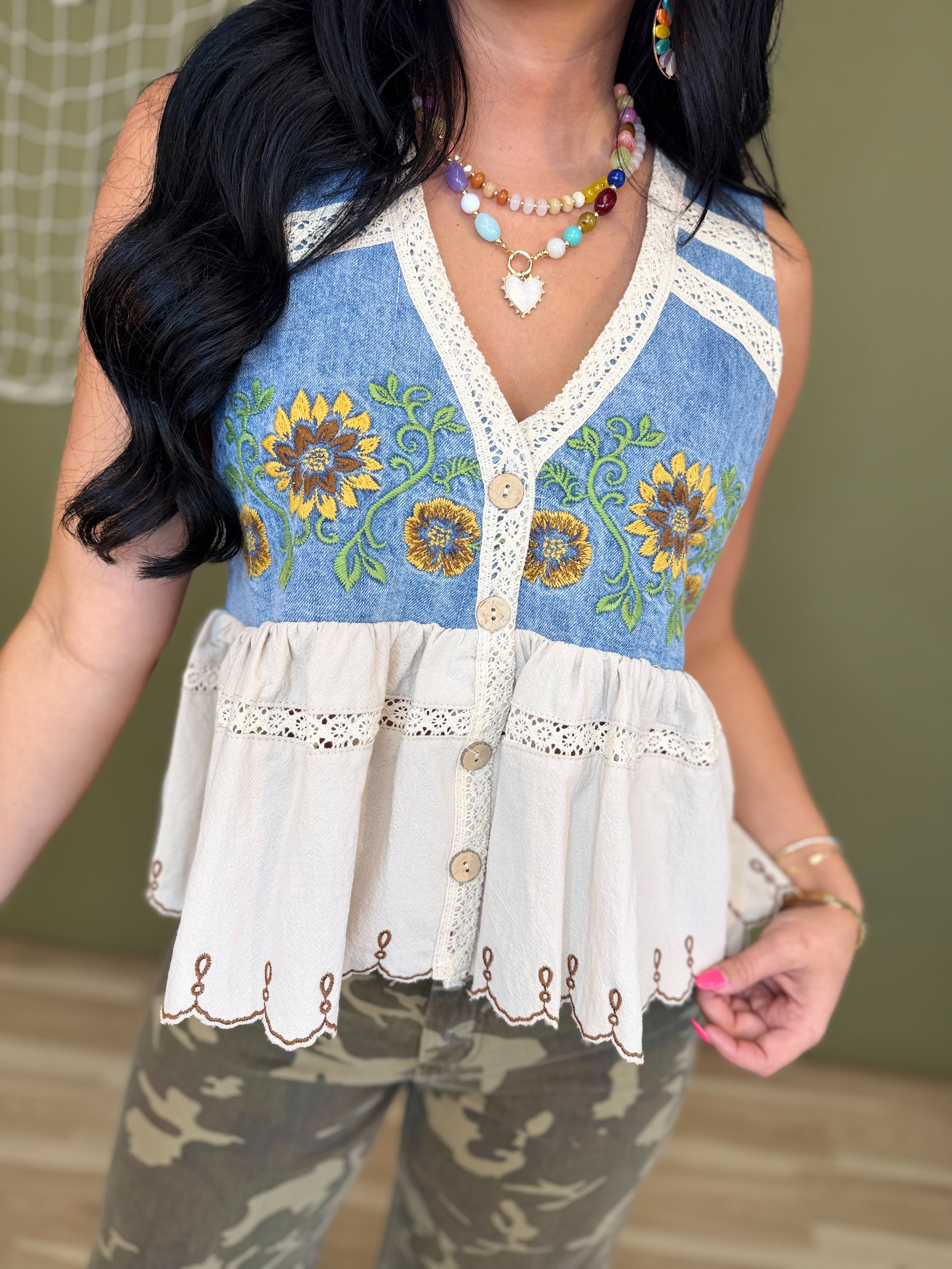 Oli & Hali Sunflower Embroidery Washed Denim Vest - Lace and Grace Boutique