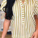 Striped Balloon Sleeve Blouse - Olive - Lace and Grace Boutique