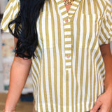 Striped Balloon Sleeve Blouse - Olive - Lace and Grace Boutique
