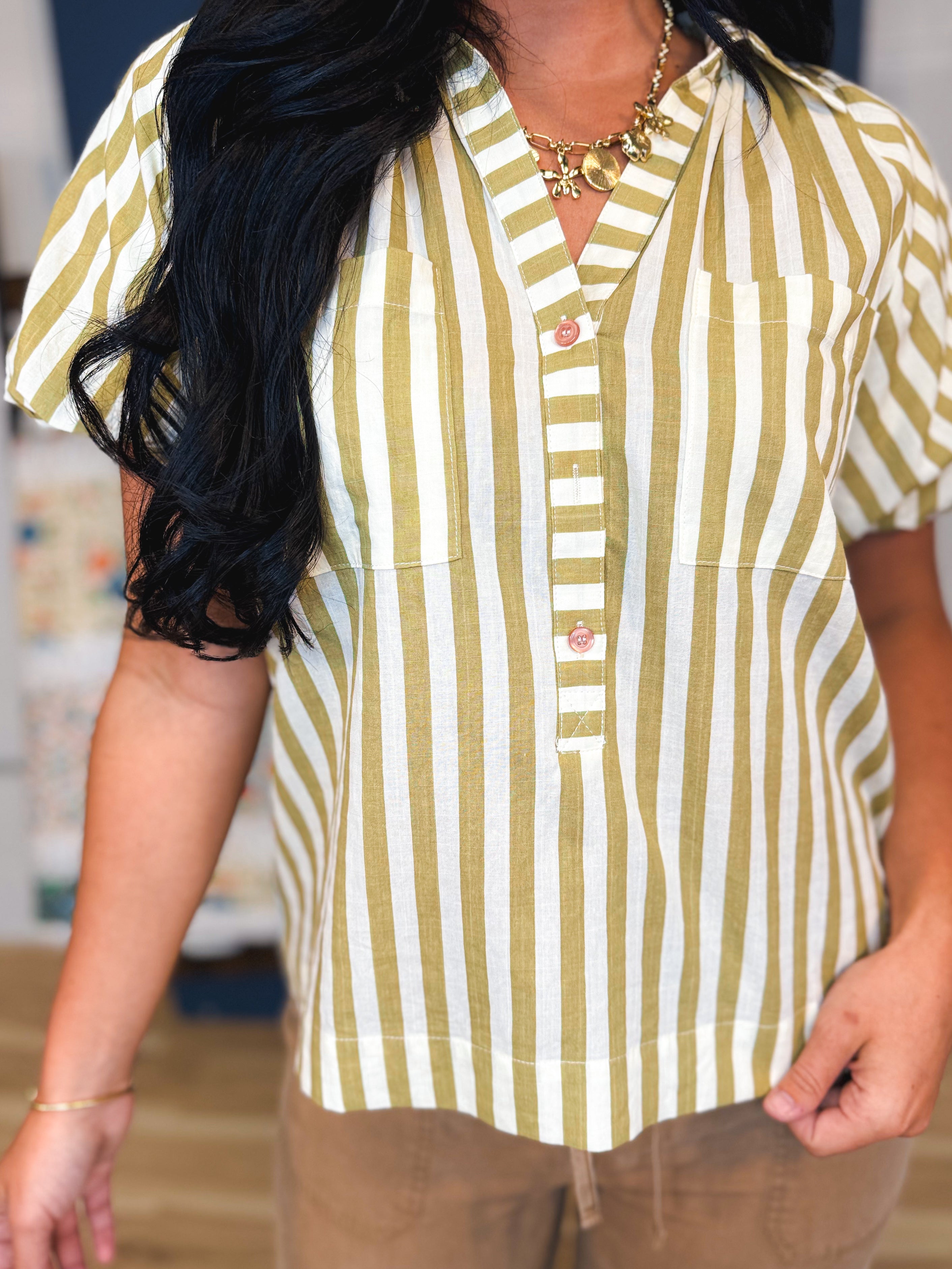Striped Balloon Sleeve Blouse - Olive - Lace and Grace Boutique