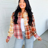 Mixed Plaid Color Block Button Down Top - Brick Multi
