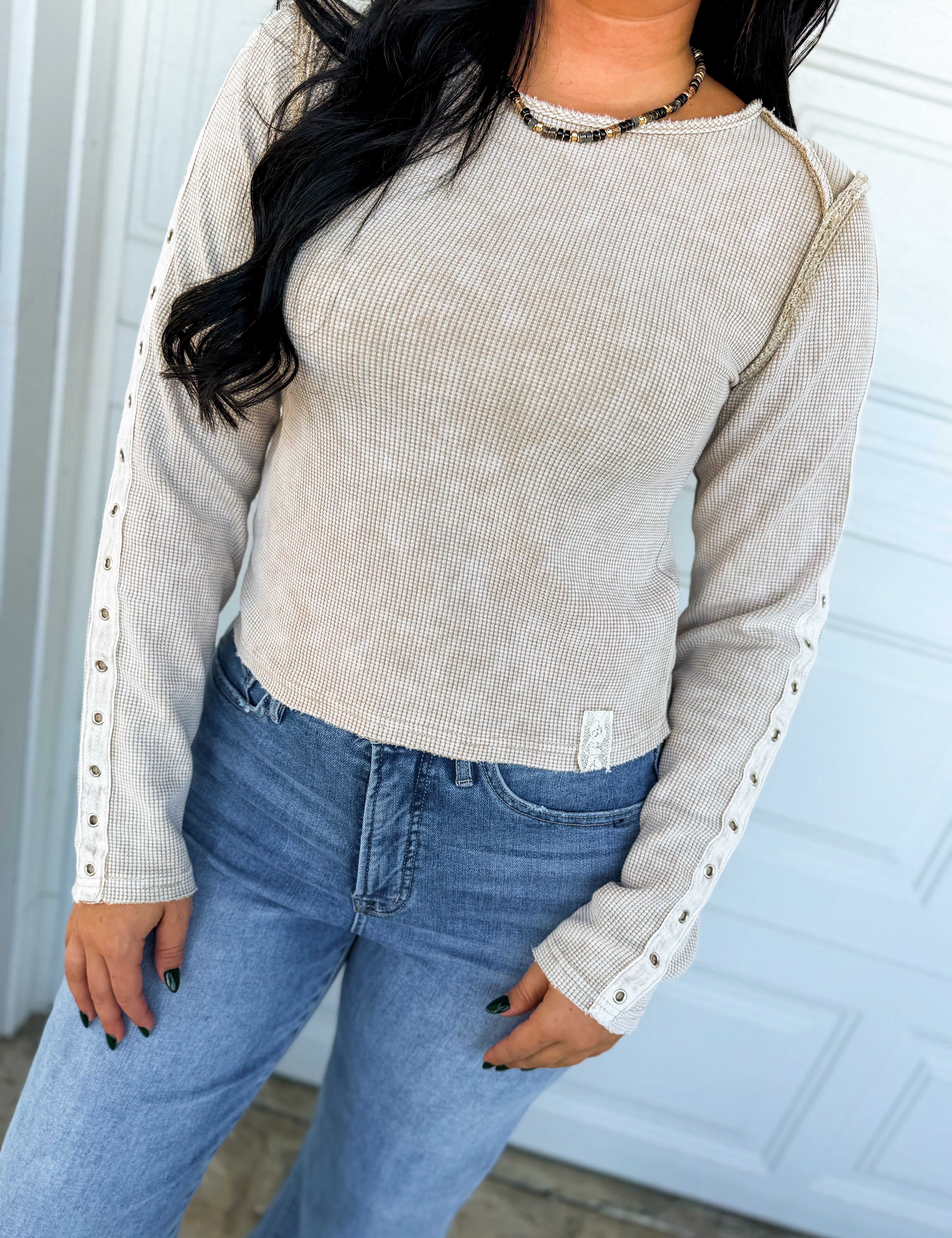 POL Washed Thermal Knit Button Detail Top - Sand - Lace and Grace Boutique