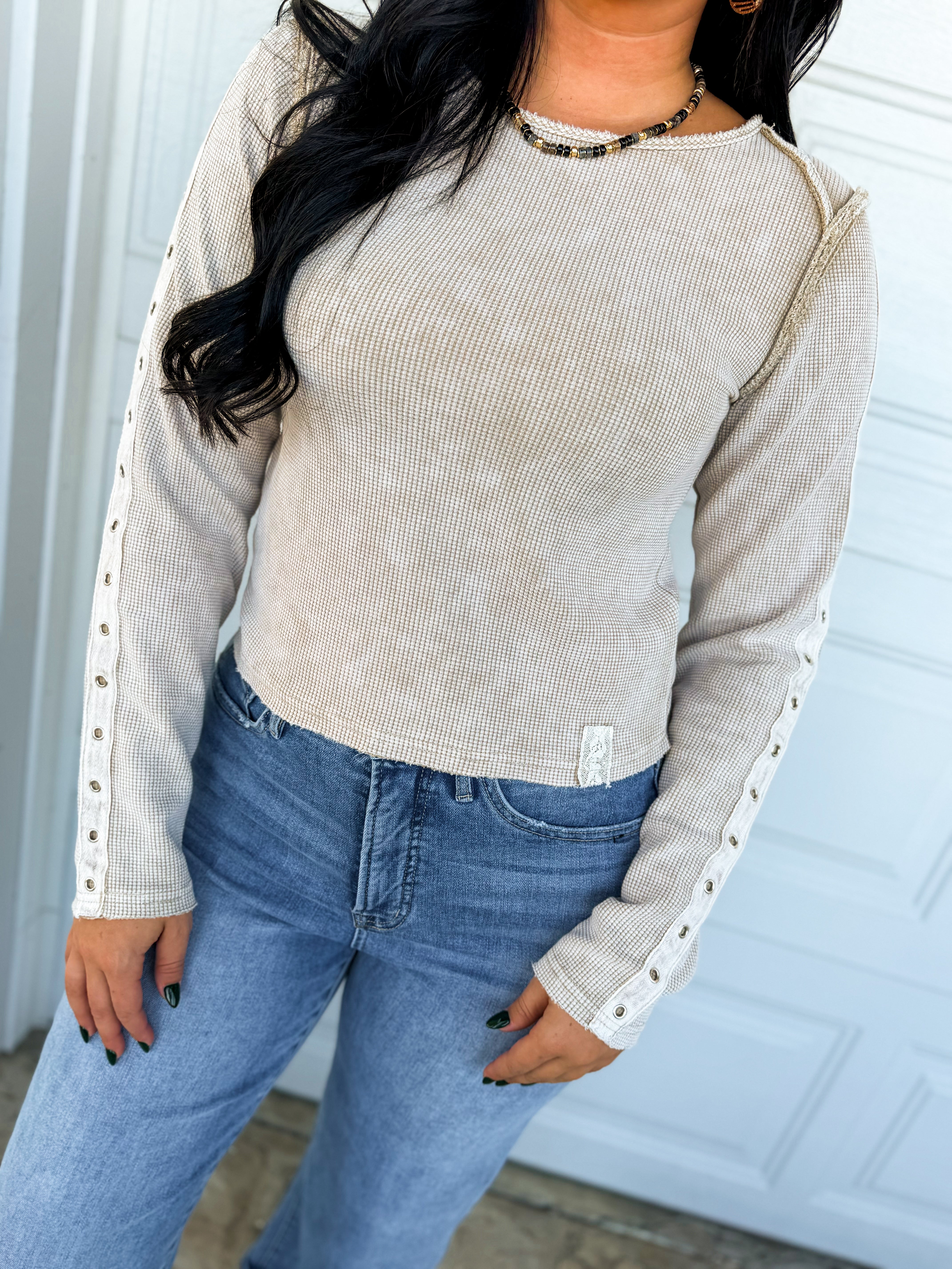 POL Washed Thermal Knit Button Detail Top - Sand - Lace and Grace Boutique