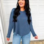 Oversized Waffle Knit Thermal Long Sleeve Top - Denim - Lace and Grace Boutique