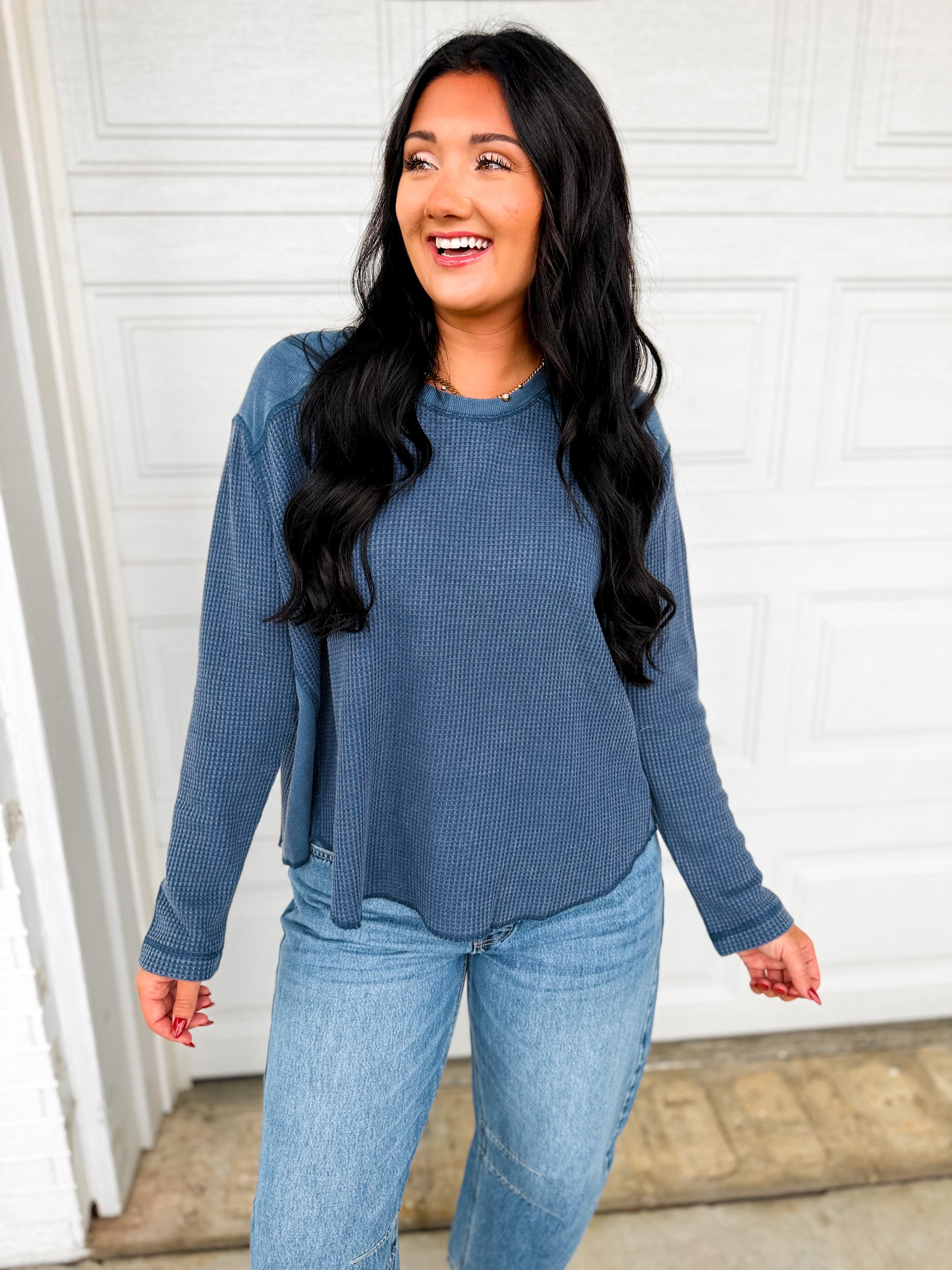Oversized Waffle Knit Thermal Long Sleeve Top - Denim - Lace and Grace Boutique