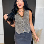 Button Up Leopard Denim Vest - Lace and Grace Boutique