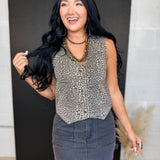 Button Up Leopard Denim Vest - Lace and Grace Boutique