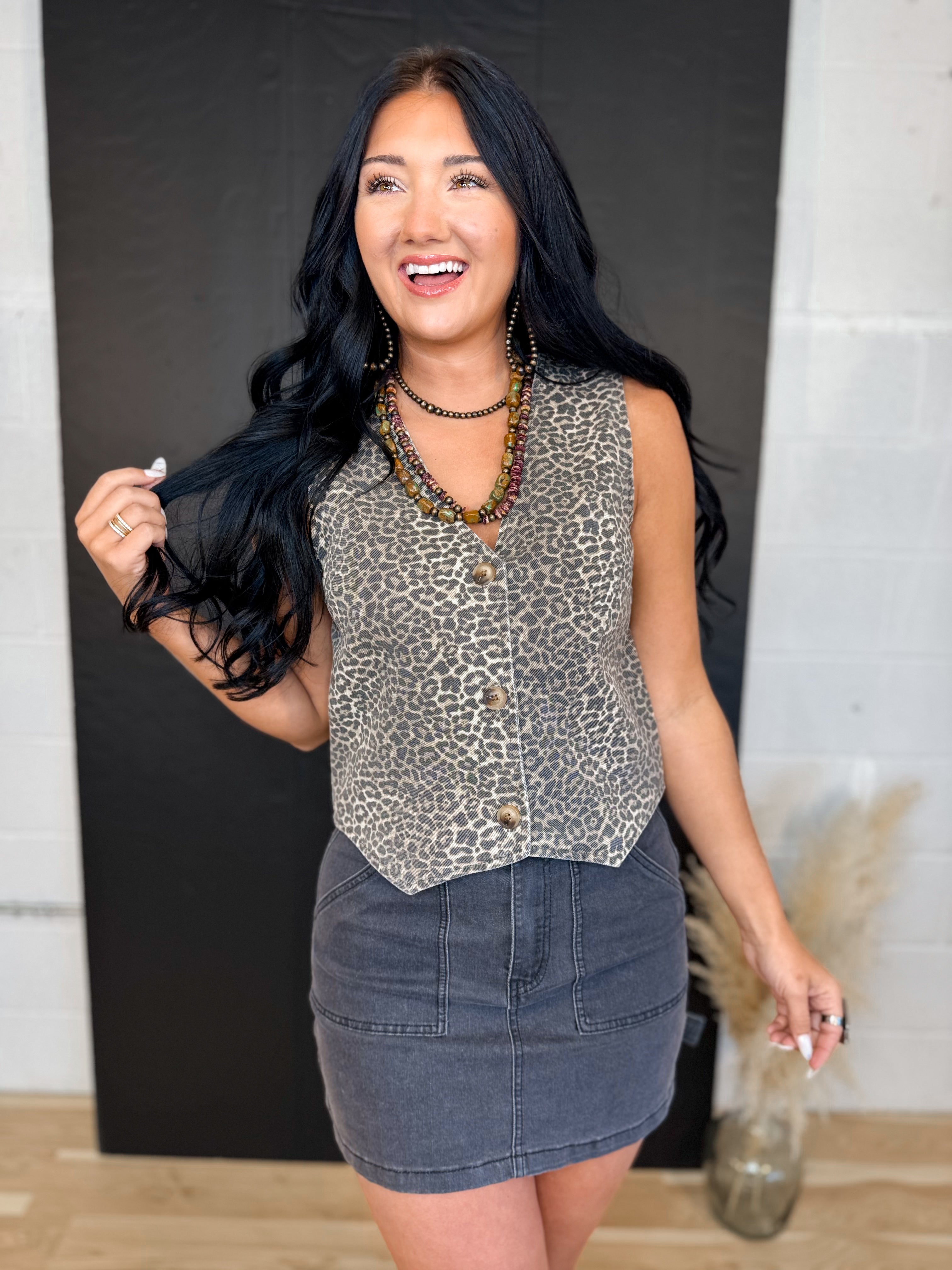 Button Up Leopard Denim Vest - Lace and Grace Boutique