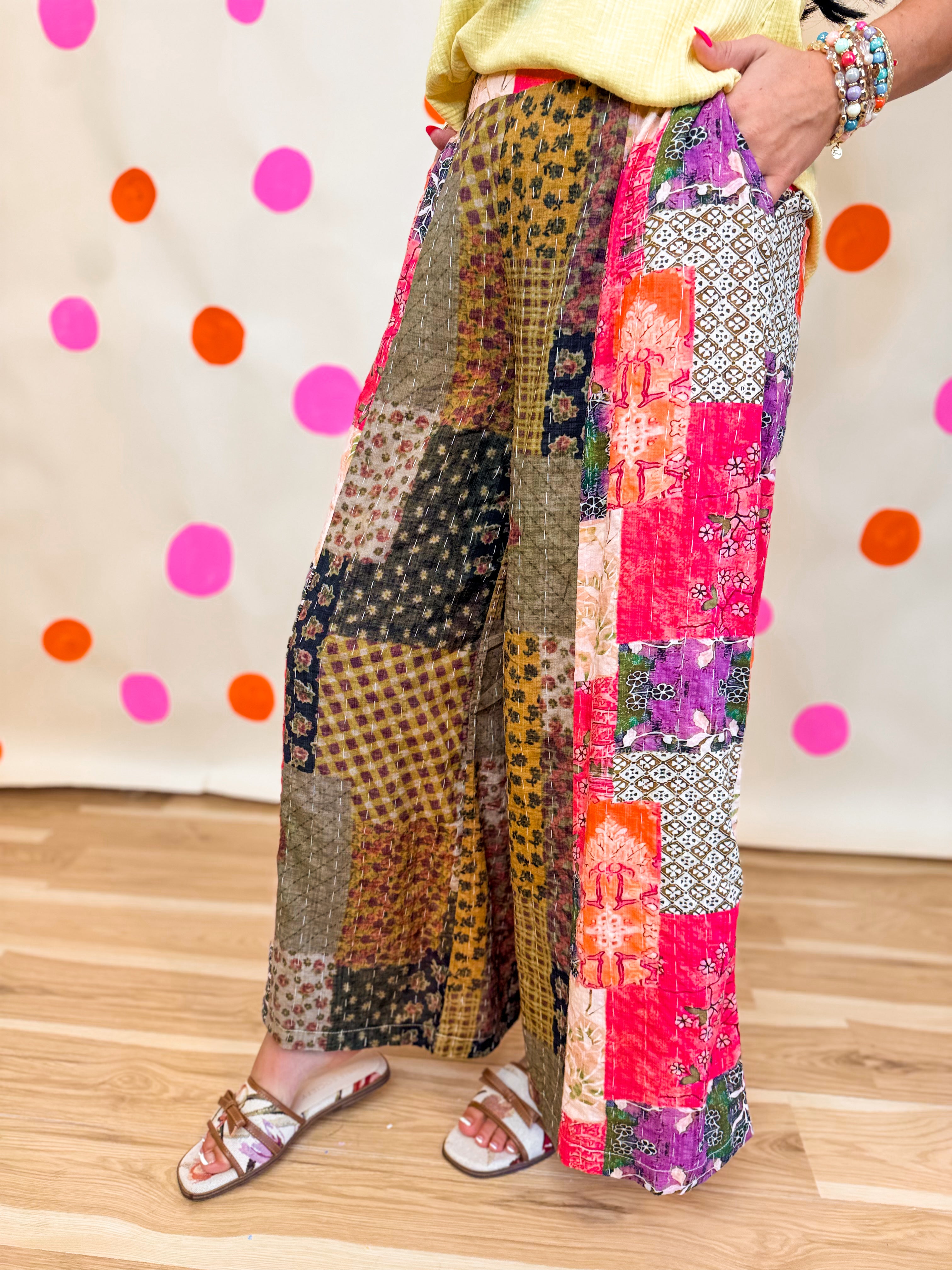 POL Multi Print Stitched Woven Pants - Taupe Pink Multi - Lace and Grace Boutique