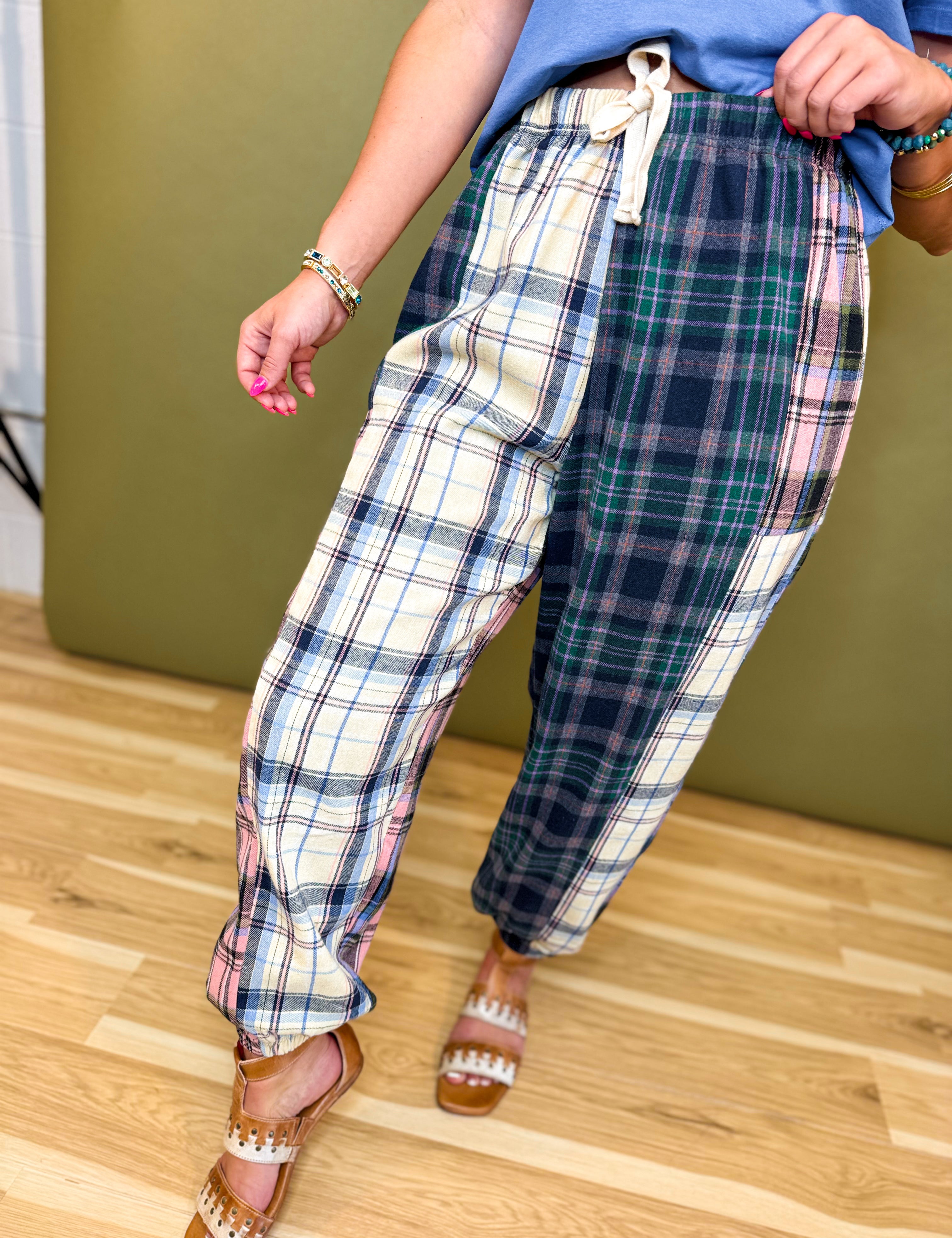 Mixed Plaid Drawstring Pants - Green Multi - Lace and Grace Boutique