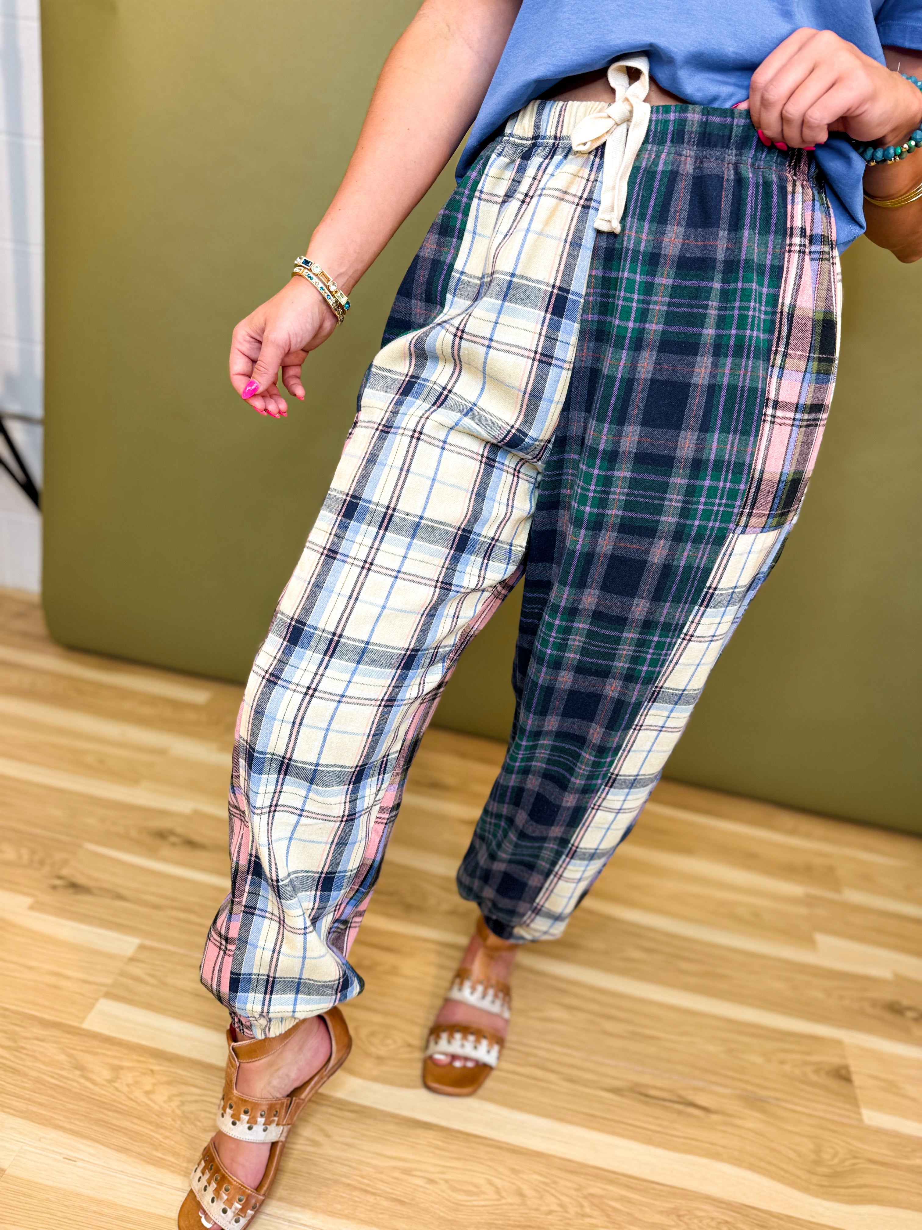 Mixed Plaid Drawstring Pants - Green Multi - Lace and Grace Boutique